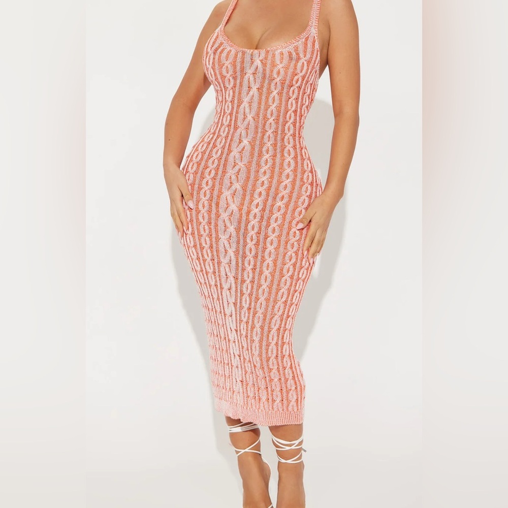 New woven midi dress small orange white small